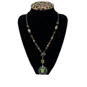 Glass Turtle Necklace Silvertone Necklace Multicolor‎ Beads Teapot Spoon Closure